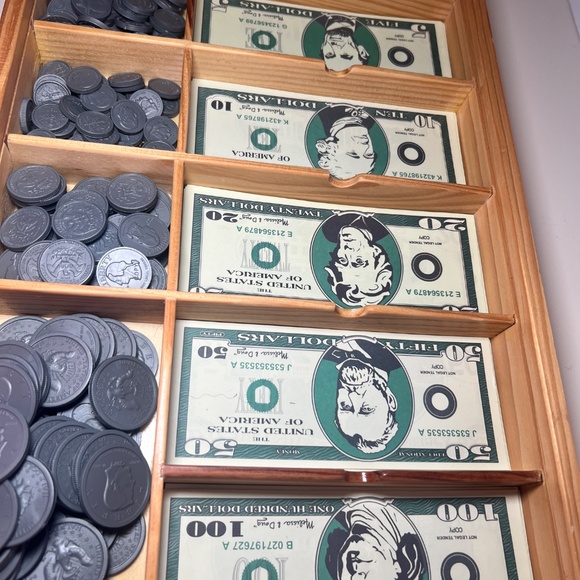 Mellisa & Doug Play Money Money Set Wooden Cash Drawer With Bills and Coins - Picture 2 of 3